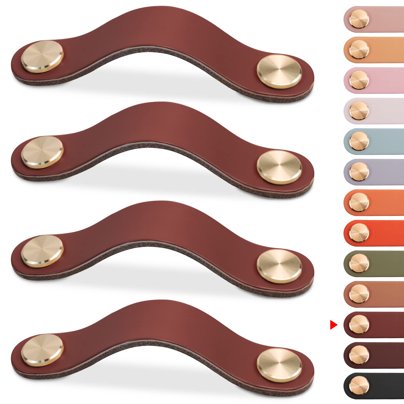 LEREATI 4pcs Leather Drawer Handles Drawer Knobs Kitchen Cupboard Handles, Faux Leather Drawer Pulls for Cupboards, Wardrobe, Dresser, Closet (Brown, 128mm Hole Center)