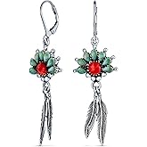 South West Native American Style Feather Leaf Earrings With Squash Blossom Turquoise Coral Gemstone Western Jewelry for Women Teen .925 Sterling Silver Lever Back