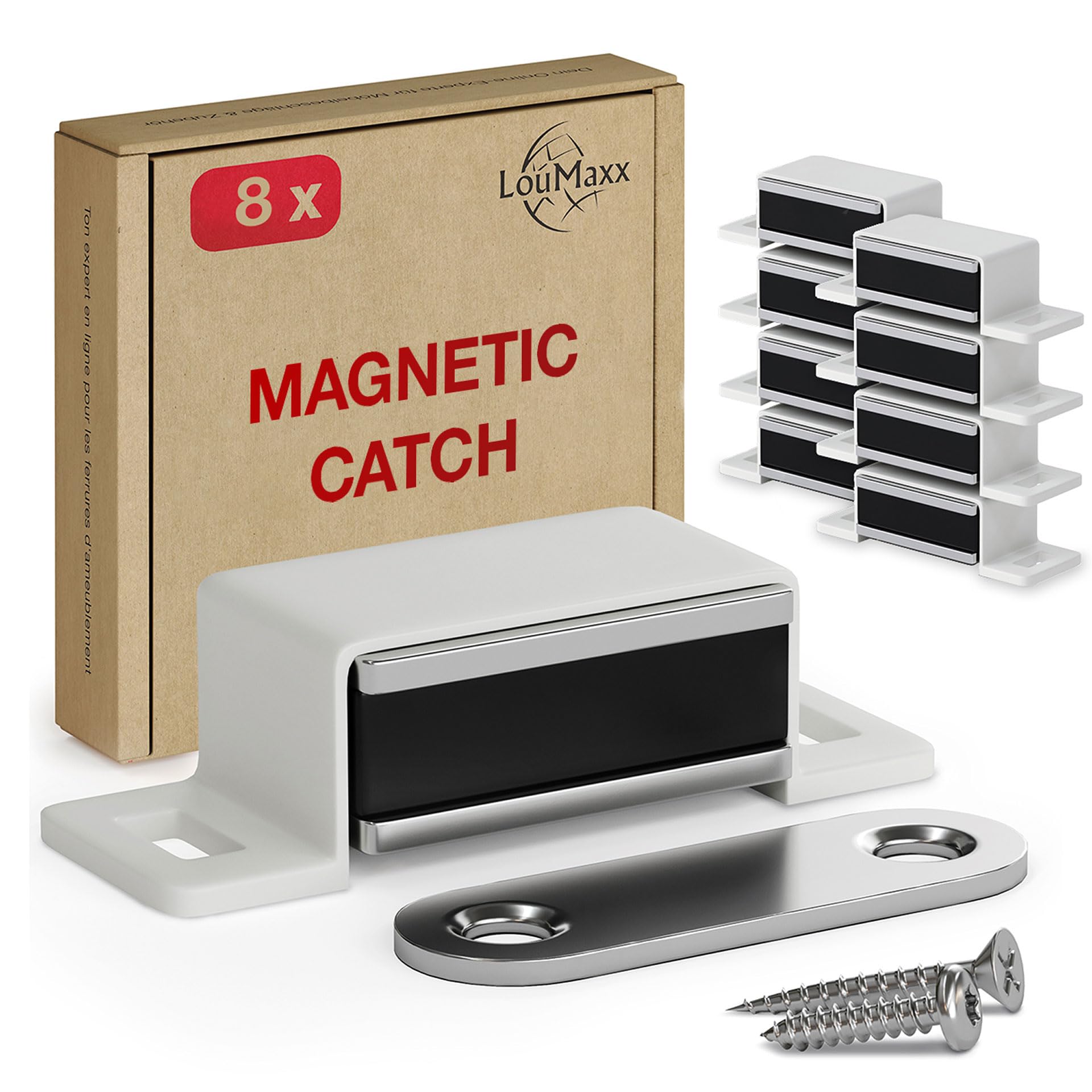 LouMaxx Strong Magnet – Holding Force 4 kg – Pack of 8 - White Door Magnet – Screw On Magnet, Magnetic Closing Cabinet