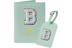 COSHAYSOO Green Initial Passport Cover and Luggage Tag Set TSA Approved with Chenille Letter Patch for Women Teenage Girls, 2 Pcs Double Passport Holder Best Bag Suitcase Identifier (B)