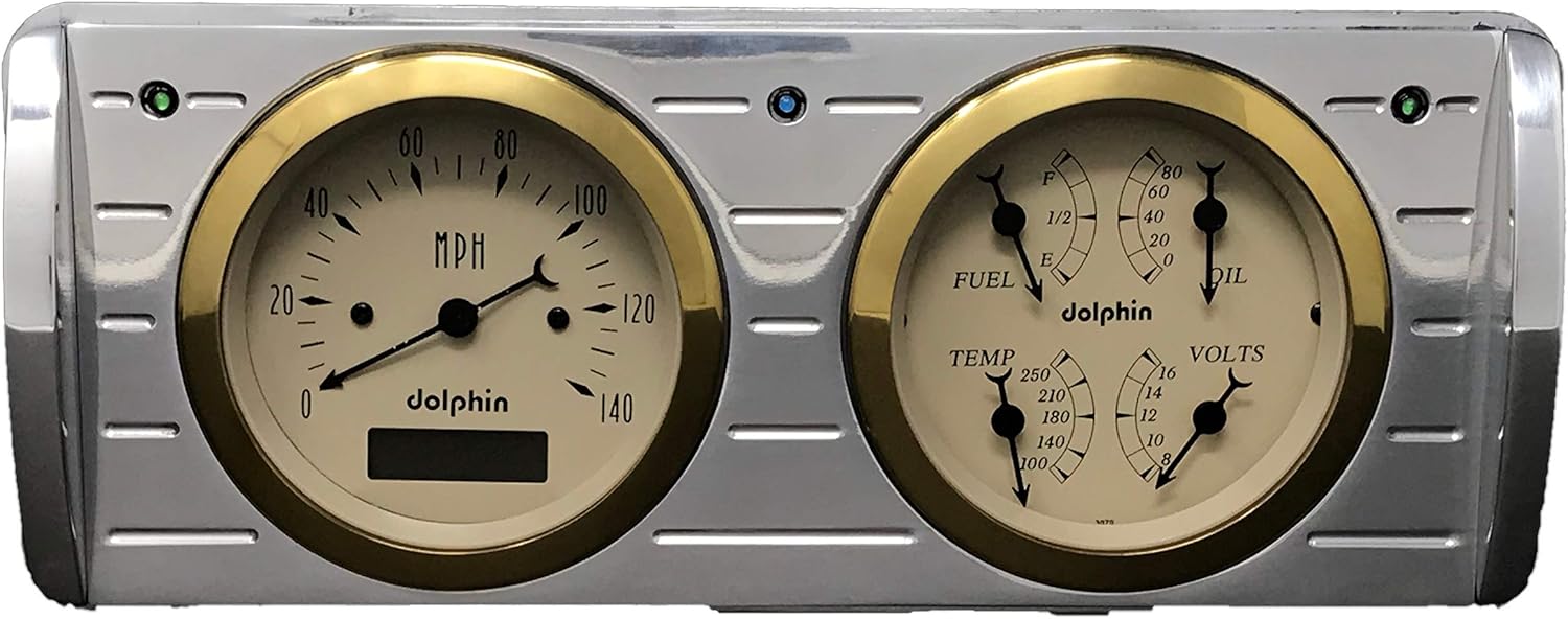 Compatible with 1940 Ford Car 2 Gauge Dash Panel Insert 3 3/8" Quad Style Programmable Gold Bezel