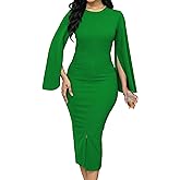 Women Church Dresses Bodycon Work Dress Bell Long Sleeve Round Neck Business Pencil Dresses
