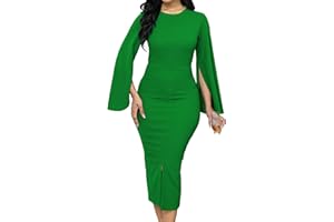 CUTECHERRY Women Church Dresses Bodycon Work Dress Bell Long Sleeve Round Neck Business Pencil Dresses