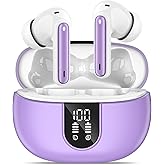 MoBadeety Wireless Earbuds, Bluetooth 5.3 Headphones 40Hrs Playtime Deep Bass Stereo, LED Power Display, Call Noise Canceling Headphones with Mic, IP7 Waterproof Earphones for iOS Android Purple