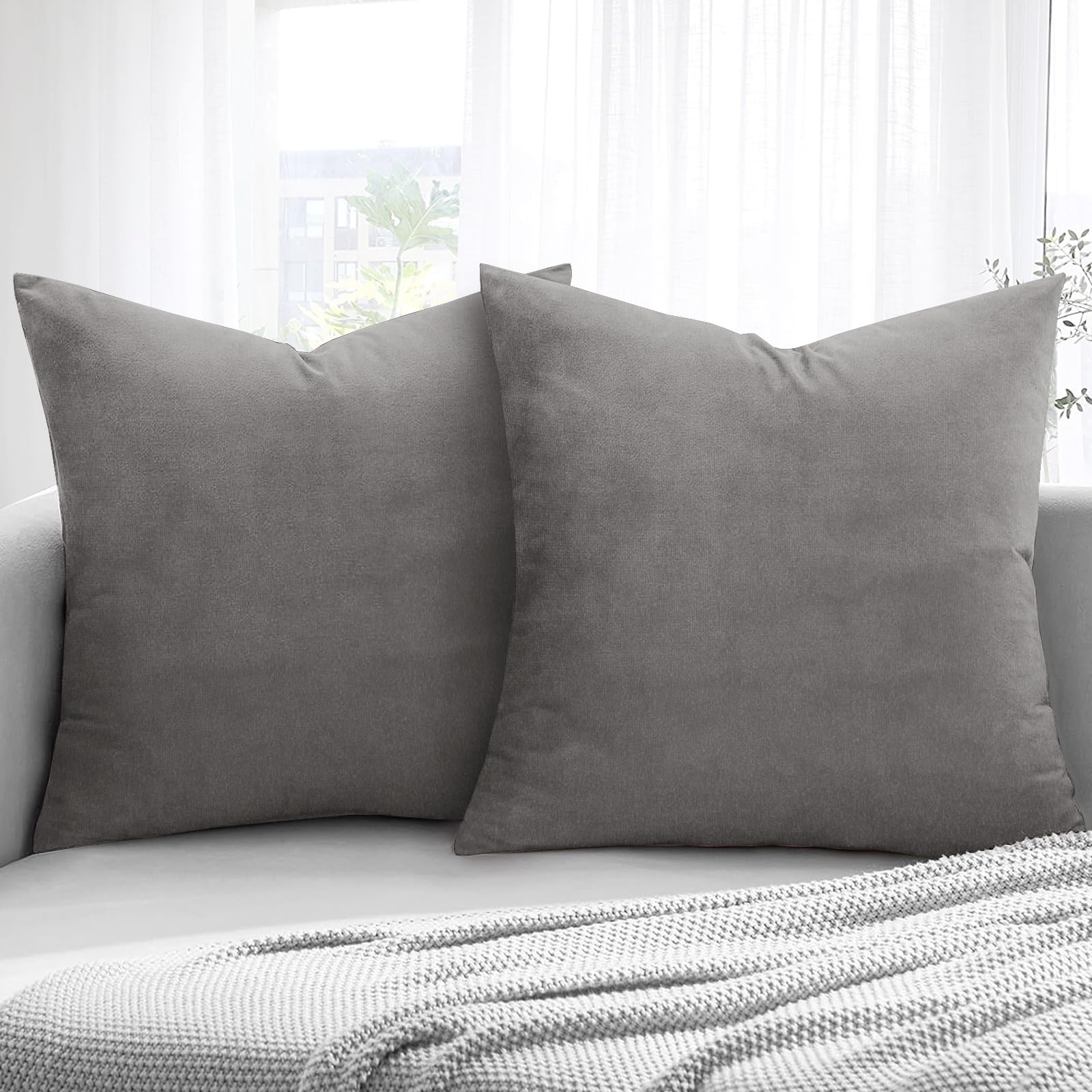 Aspire Homeware Velvet Cushion Covers 45 x 45cm Set of 2 Grey Decorative Square Throw Pillow Cases for Sofa Bedroom Living Room and Sofa