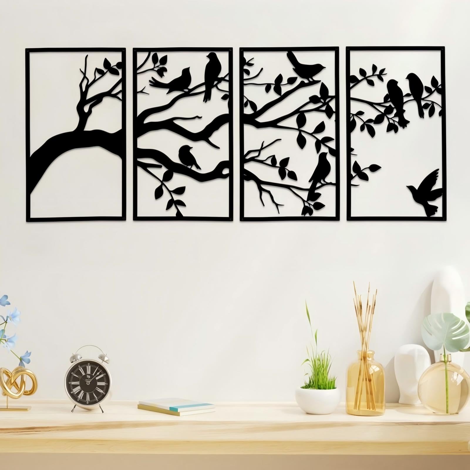 ruelen 4 Pieces Large Metal Birds and Branch Wall Art, Tree of Life Metal Wall Art, Black Leaves with Birds Silhouette Hanging Wall Sculpture For Indoor Home Bedroom Living Room Outdoor Garden Patio