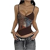 RoseSeek Women's Graphic Spaghetti Strap Tank Tops Y2K Wrap Backless Asymmetrical Hem Crop Camisole Top