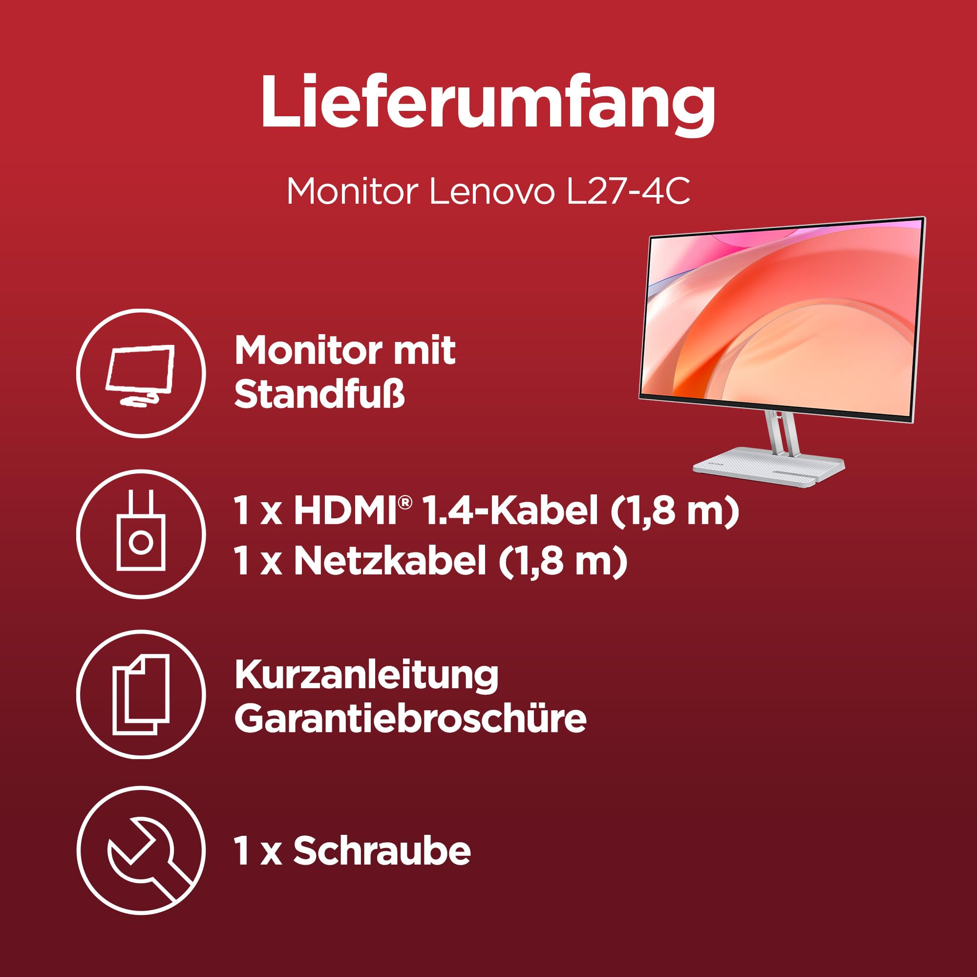 Lenovo L27-4C | 27" Full HD WLED Monitor | 1920x1080 | 16:9 | 144Hz | 1ms Reaktionszeit | HDMI | VGA | Audio 3.5mm | 4-seitig-Panel | TÜV Augenschutz | AMD FreeSync | grau | 3.9 kg 9