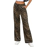 Ladyful Wide Leg Leopard Print Jeans for Women High Waisted Boyfriend Denim Pant Drawstring