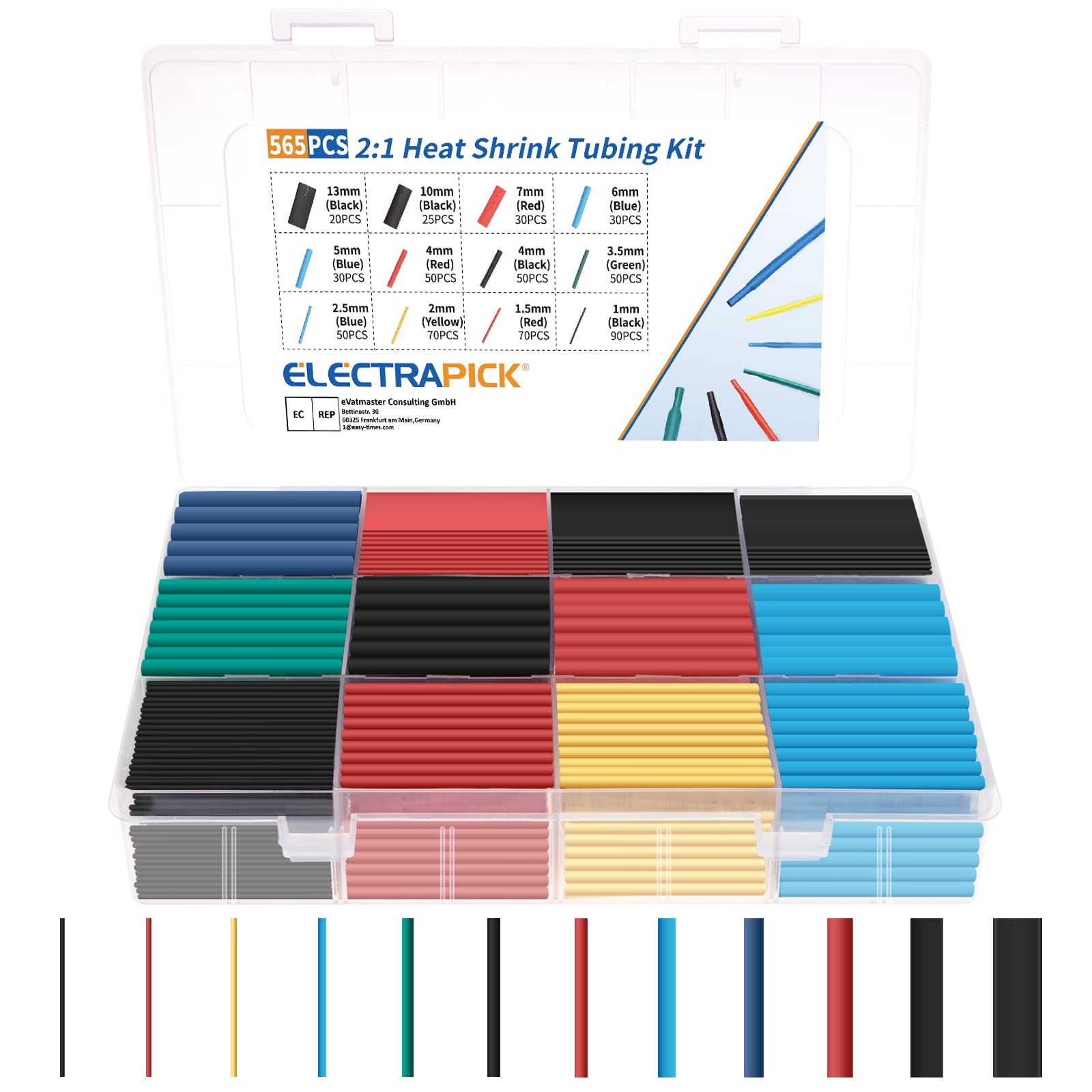 ELECTRAPICK Heat Shrink Tubing 565 PCS Electric Insulation Heat Shrink Wrap Cable Sleeve, Cable Insulated Sleeving Tubes, Shrink Ratio 2: 1 Heat Shrink Tubes Kit, 5 Colors 12 Sizes