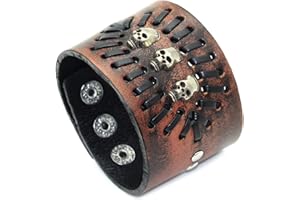 Edgda Punk Rock Alloy Three Skull Head Braided Wide Pu Leather Cuff Bracelet