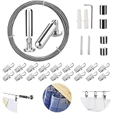 [5 Meters] Wall Mount Curtain Wire Rod Set with (20 Hanging Clips) - Pinowu Stainless Steel Picture Hanging Wire Clothesline Wire Multi-purpose Set Hang Photo Notes, Art