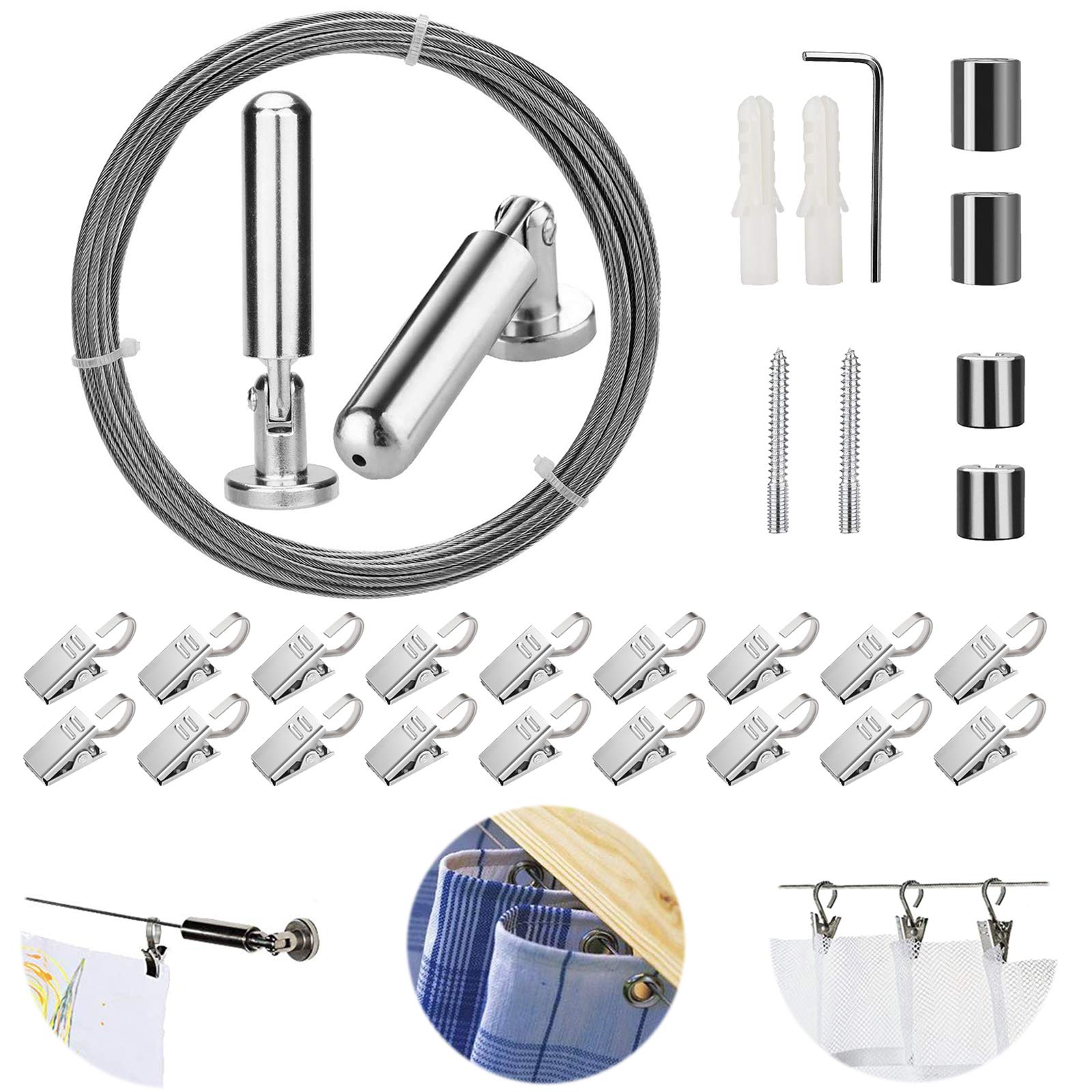 Photo 1 of [5 Meters] Wall Mount Curtain Wire Rod Set with (20 Hanging Clips) - Pinowu Stainless Steel Picture Hanging Wire Clothesline Wire Multi-purpose Set Hang Photo Notes, Art