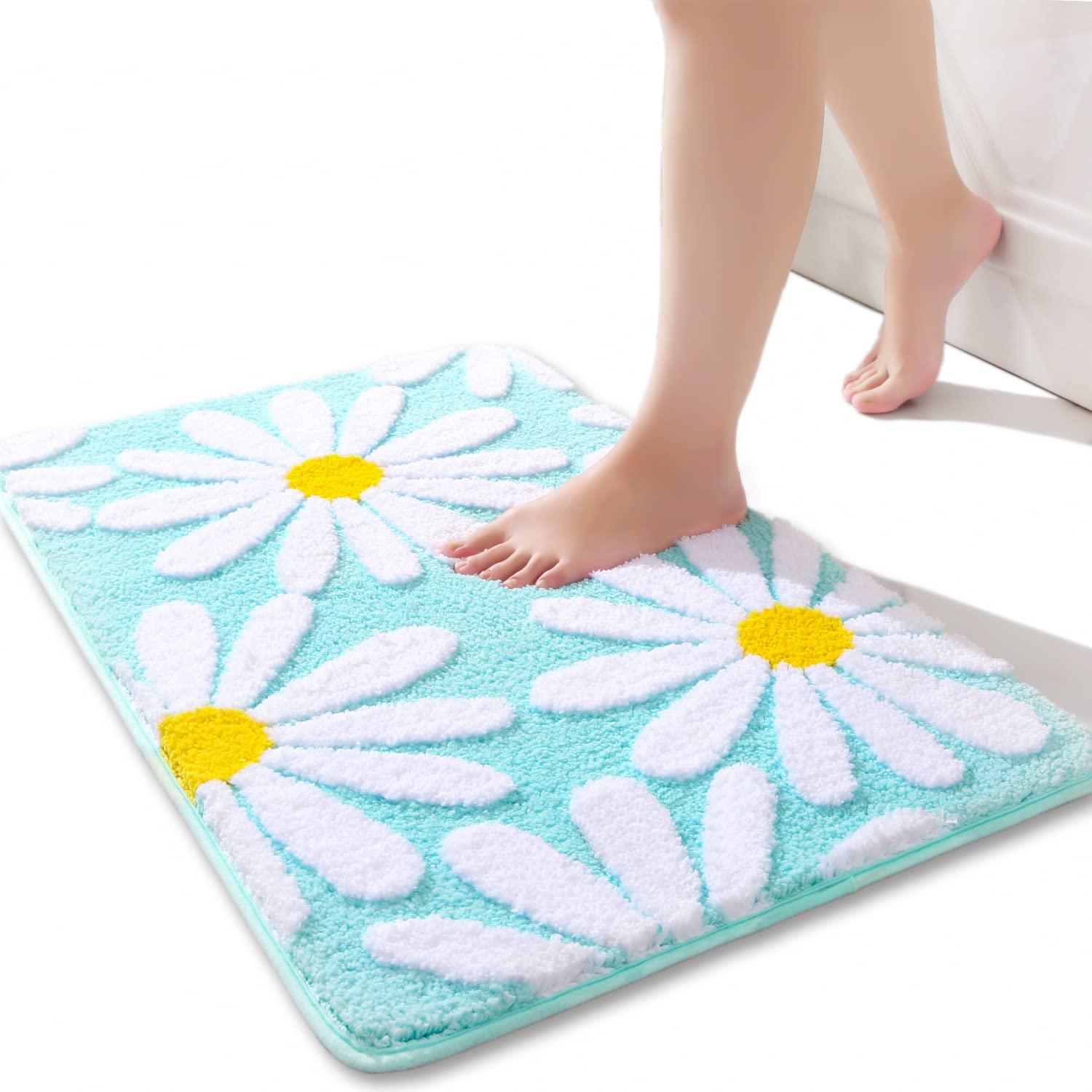 QJHOMO Green Bath Mat White Flower Rug 50 x 80 cm, Non Slip Bath Mats for Bathroom, Soft Microfiber Bathroom Mat, Machine Washable Rug Durable Bathmat, Super Absorbent Floor Mat for Shower