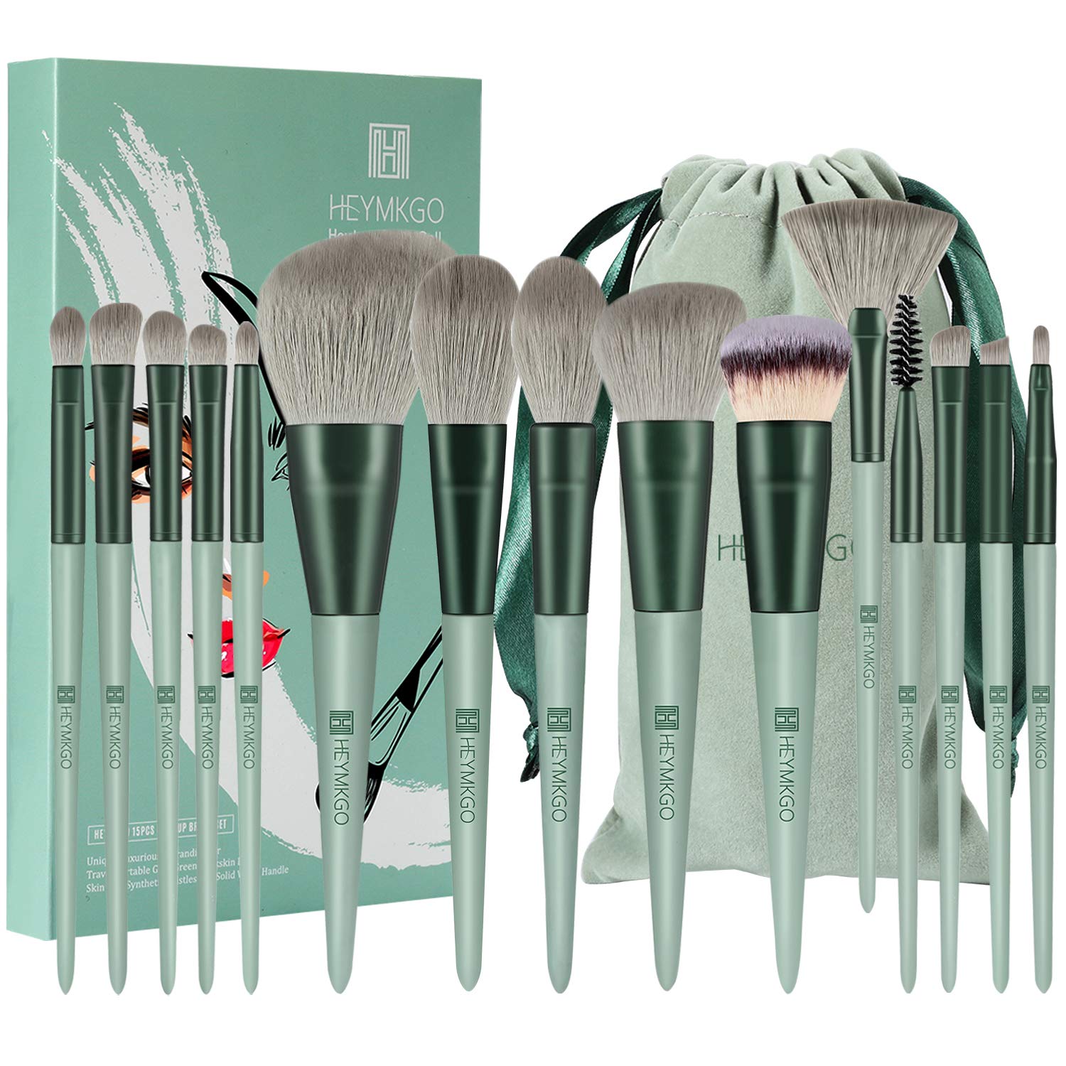 Makeup Brushes HEYMKGO 15pcs Premium Synthetic Bristles Green Conical Handle Kabuki Foundation Brush Makeup Sets Professional Portable Flannel Bag