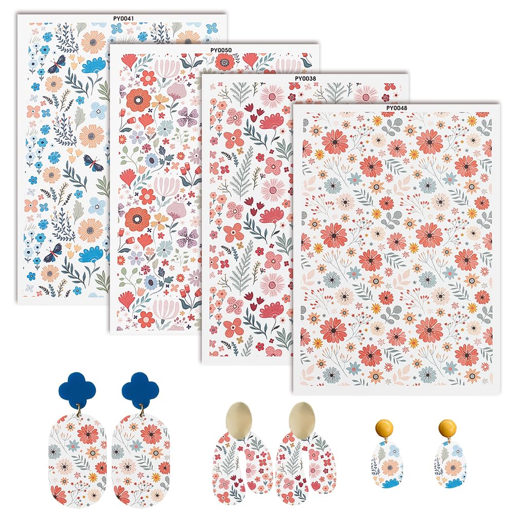 AHANDMAKER 4Pcs Flower Clay Transfer Paper, 4 Styles Underglaze Transfer Decals Ceramic Decals Pottery Ceramics Clay Transfer Paper for DIY Earrings Pendants Hair Clip Jewelry Making