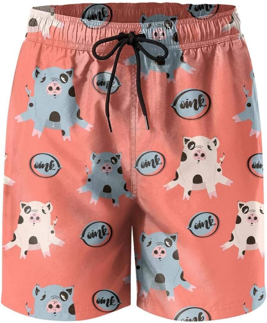 Mens Quick Dry Beach Shorts Swim Trunks Orange Fat Cute Pig Pink Fully Lined Board Shorts