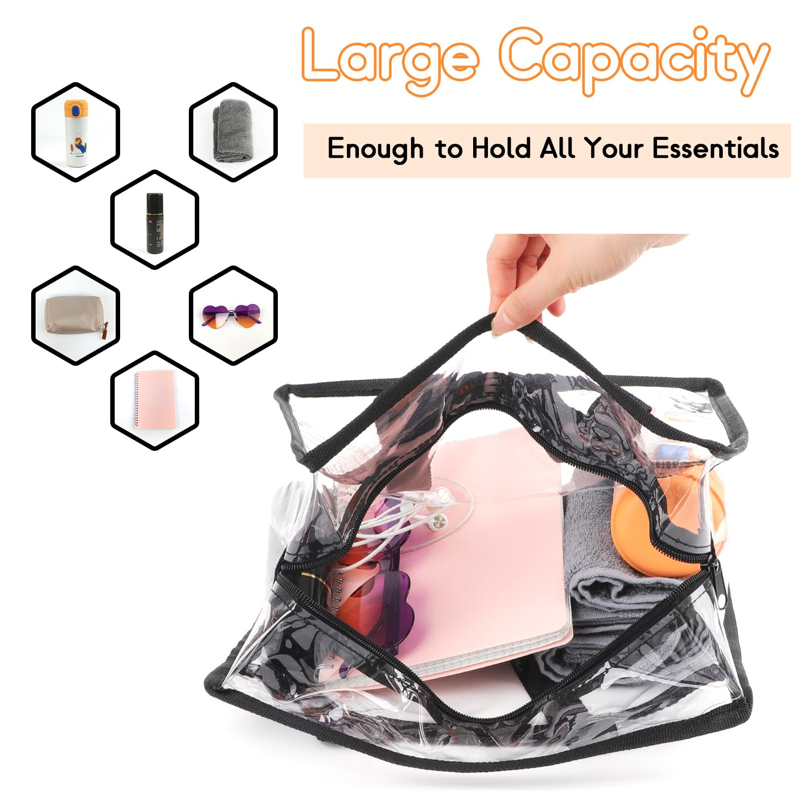 Clear Bag for Stadium Events Approved, 12x6x12 Large Transparent Tote Bag with Zipper for Gym Concert Sports Festivals