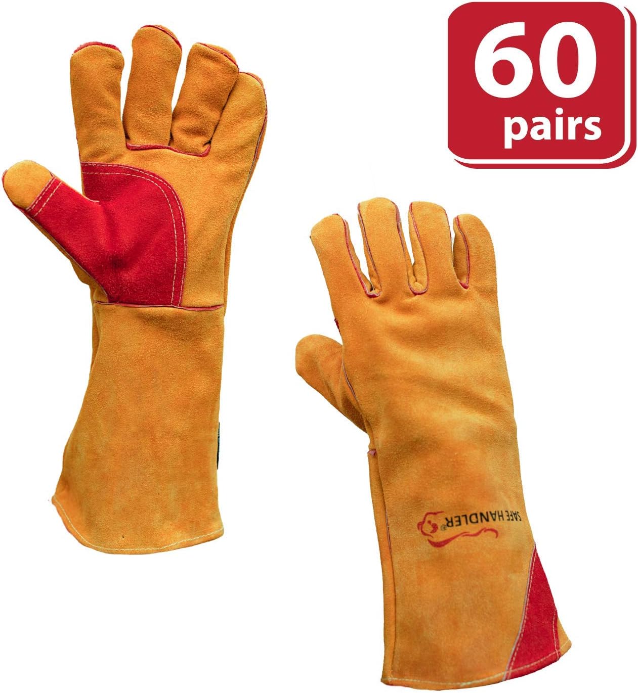 SAFE HANDLER Prime Welding Gloves with Kevlar Thread Protection | Reinforced Thumb and Palm, Heat Resistant for oven, MIG/TIG welding, Grill, Fireplace, BBQ, Animal Handling, 16 inch, Case of 60 Pairs