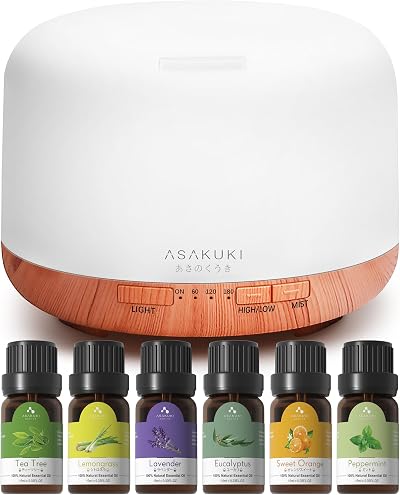 ASAKUKI 500ml Essential Oil Diffuser with 6 Oils Set Remote 14 LED Colors
