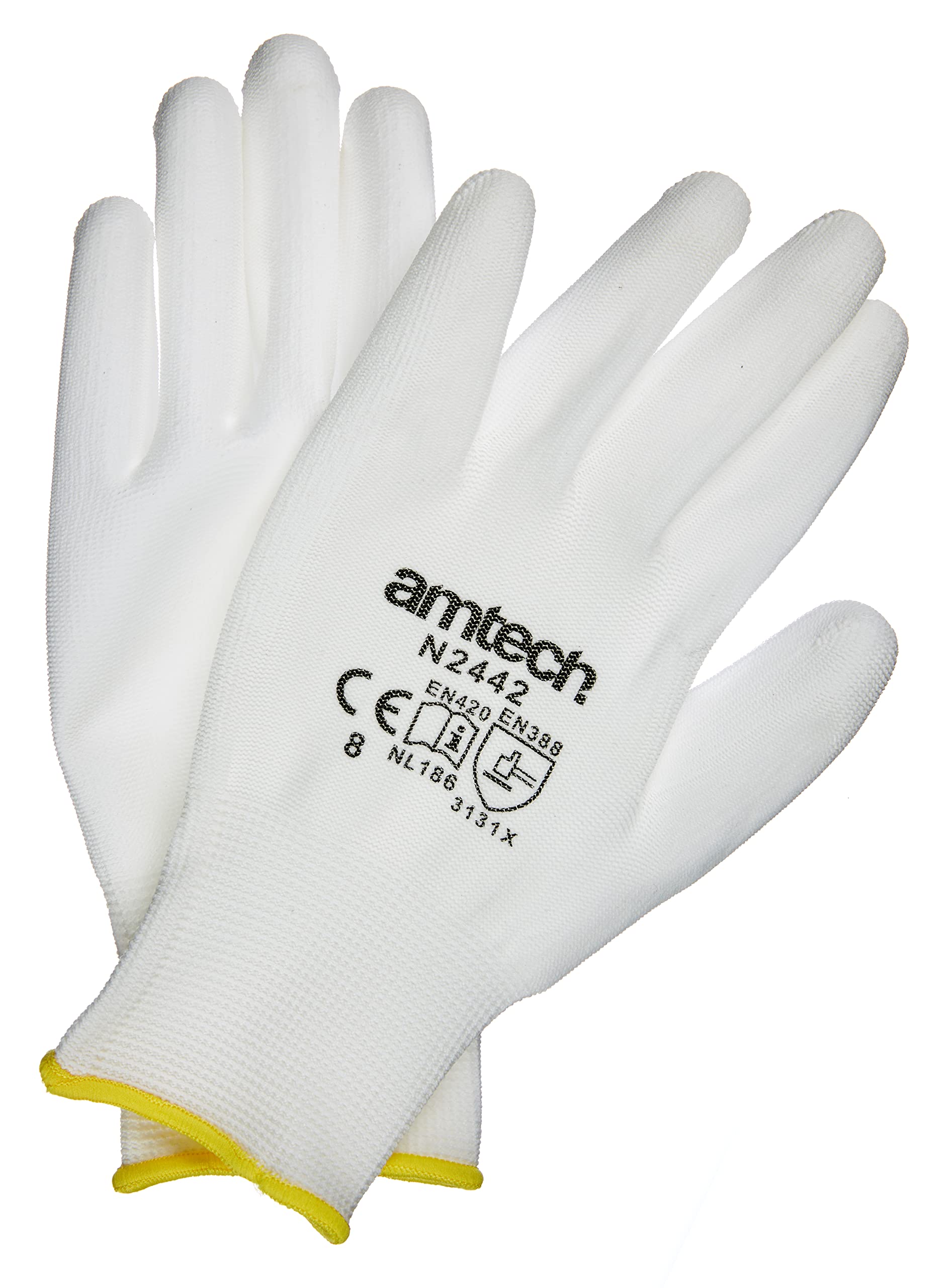 Amtech N2442 Light Duty PU Coated Work Gloves Medium (Size 8), Certified Quality for Craft, Assembly and Packing, White