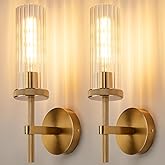 15" Knurled Gold Hardwired Wall Sconces Set of 2, Bathroom Vanity Light Fixtures with Vertical Striped Glass Tube, Modern Lam