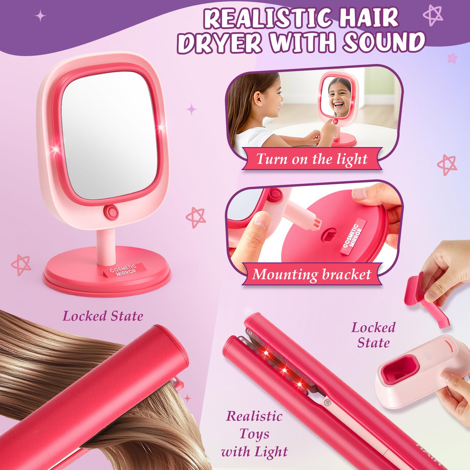 Toylink Friseur Set Kinder Mädchen Spielzeug mit Kinderfön, Haarglätter, Spiegel, Schere, Schürze und Frisierkoffer, Rollenspiel Spielzeug für Mädchen 3 4 5 6 7 8 Jahre 4