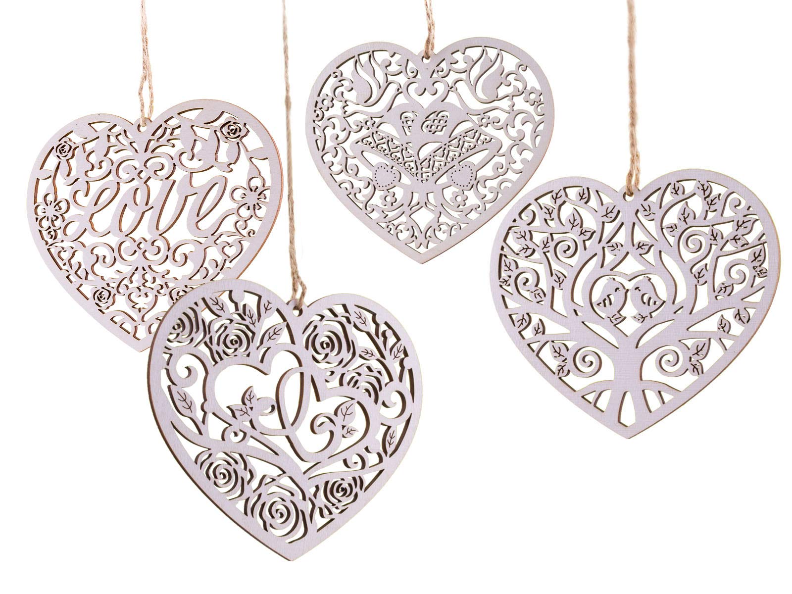 Summer-Ray 24pcs Wooden Laser Heart Hanging Ornament for Wedding Party/Home Decoration (4 mixed designs)