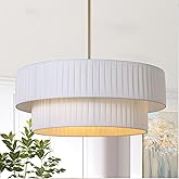 LamQee 20" Modern Drum Chandelier, 3-Light Hand-Pleated Fabric Pendant Light Fixture with White Shade and Gold Finish, 2 Tier