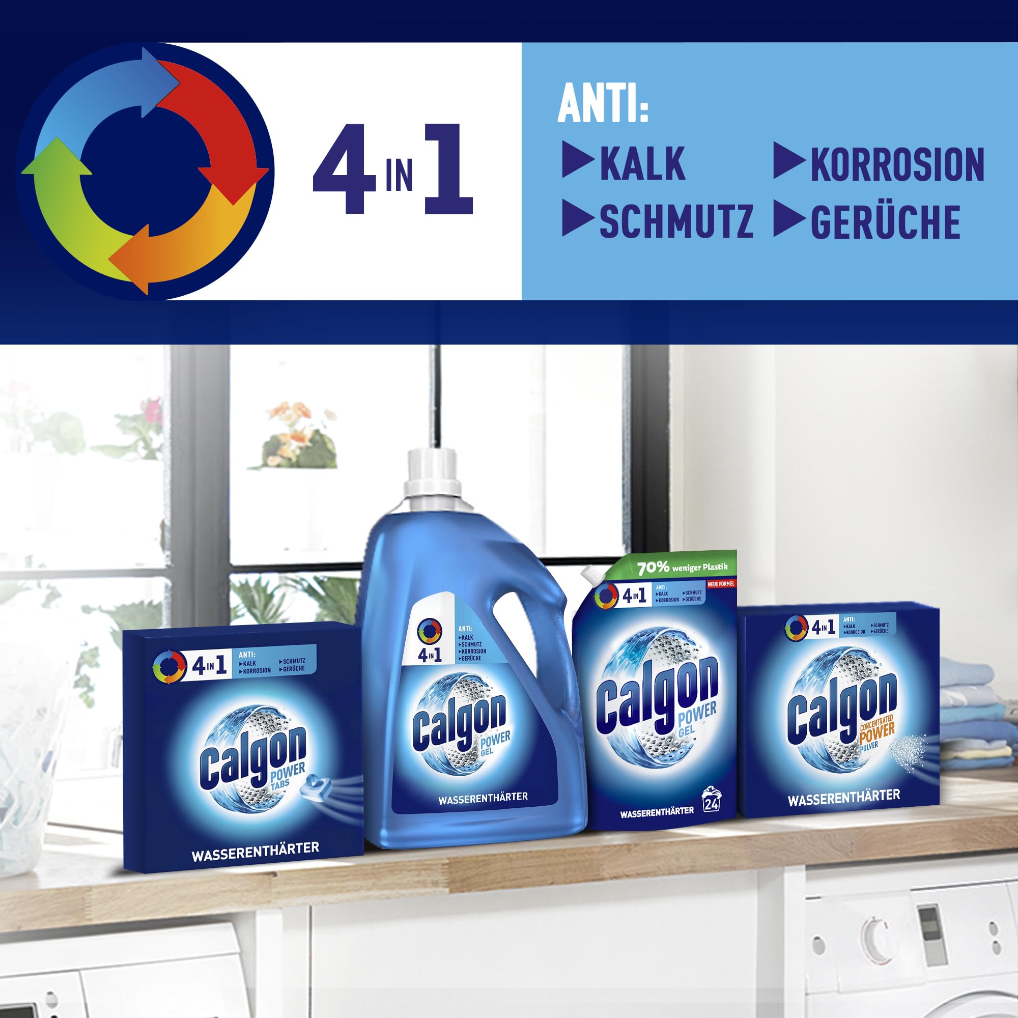 Calgon 4-in-1 Power Pulver – Wasserenthärter gegen Kalkablagerungen, Schmutz und Korrosion in der Waschmaschine – Beugt unangenehmen Gerüchen vor – 1 x 1,3 kg 4
