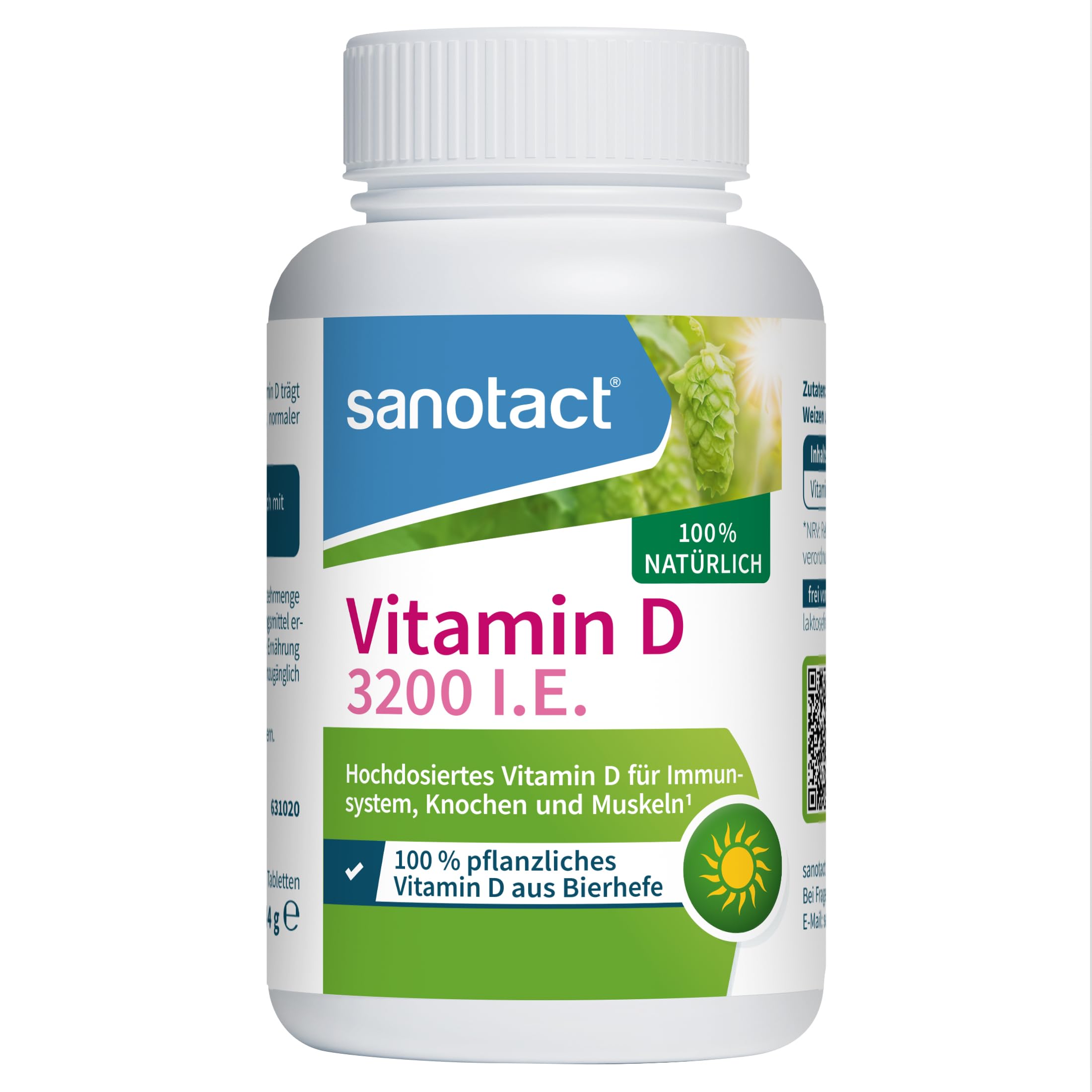 sanotact Vitamin D 3200 ie 100% pflanzliches Vitamin D aus Bierhefe, 90 natürliche Tabletten, vegan