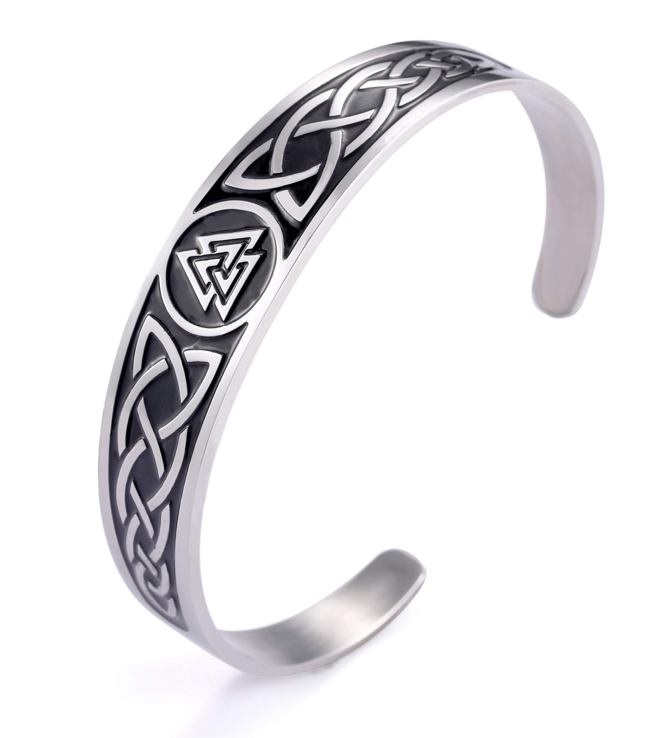 TEAMER Celtic Knot Bracelet Stainless Steel Silver Cuff Bangle Hollow Out Vintage Symbol Norse Amulet Jewelry for Women Men (Valknut，Black), 2.4 inches, Stainless Steel, unknow
