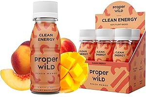 Proper Wild Vegan Energy Shots, with L-Theanine, and Organic Caffeine, Clean Plant Based Energy Drink, Gluten-Free, GMO-Free, Dairy-Free, Stevia-Free, Soy-Free, Peach Mango, 2.5 Fl Oz, 6 Pack