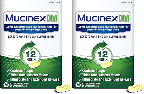 Cough Suppressant and Expectorant, Mucinex DM 12 Hr Relief Tablets, 20ct, 600 mg Guaifenesin, 30 mg Dextromethorphan HBr, Controls Cough and Thins & Loosens Mucus That Causes Cough & Chest (Pack of 2)