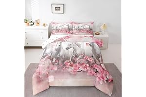 Erosebridal Galloping Horse Comforter Set Twin Size, Teens Western Cowboy Duvet Insert, Cherry Blossoms Petal Bedding Set for