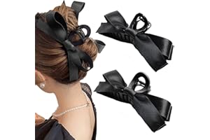 Sizobi 2Pcs Bow Claw Clip, Big Black Hair Bow Clip, Coquette Bows for Women, Large Hair Claws Barrettes Accessories with Soft Silky Satin Bows For Thin Thick Curly Hair (Glossy+Matte)