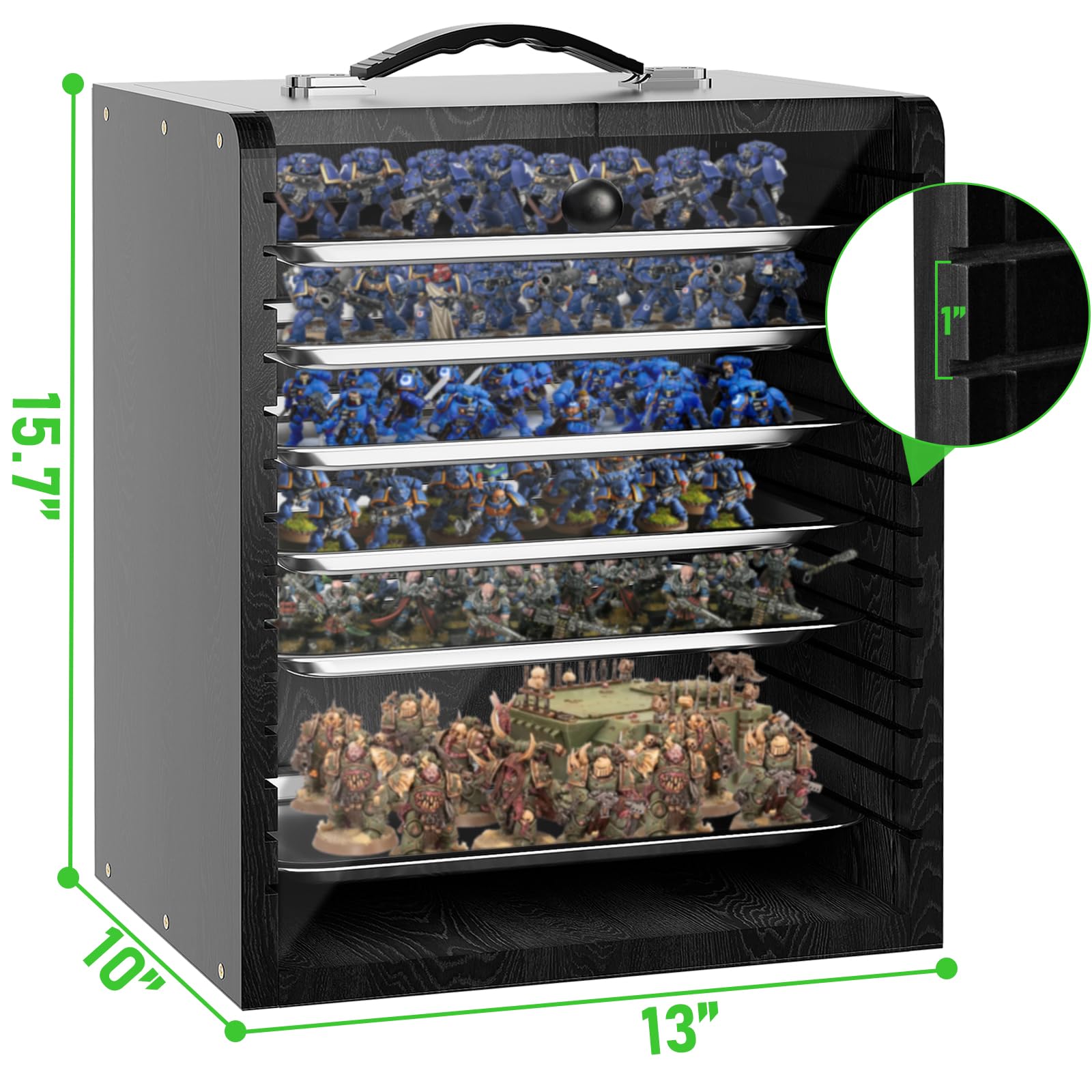 WELIDAY Miniature Storage Case for Collectibles Miniatures, Wooden Display Cases with 6 Trays, Miniature Display Case Miniatures Transport Case (Black)