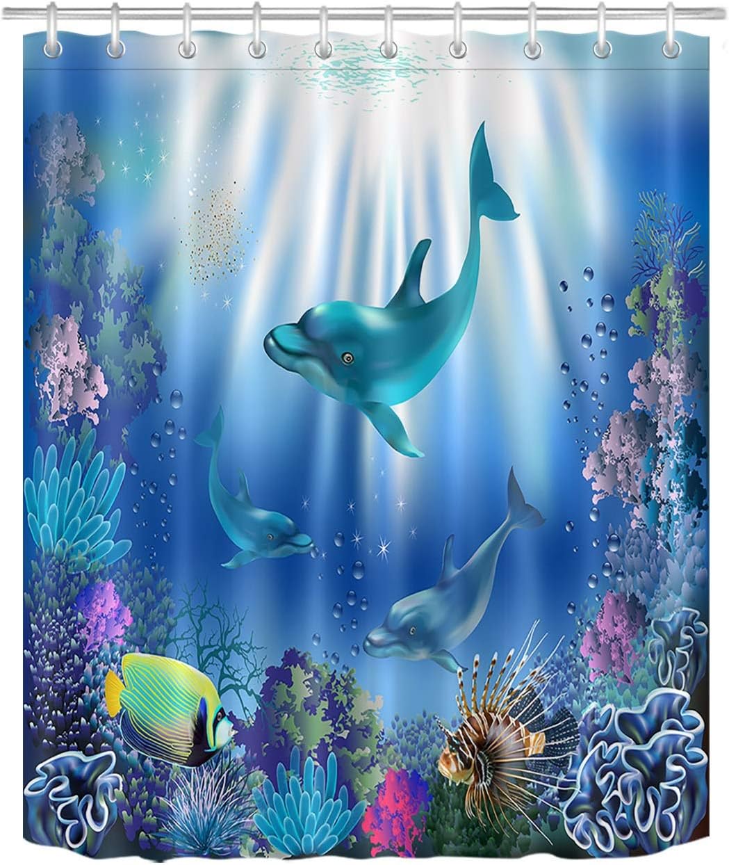 LB Dolphin Shower Curtain Tropical Fish Barthroom Curtain for Kids Blue Ocean Waterproof Anti Mould Polyester Fabric Bath Curtains with Hooks - Image 3
