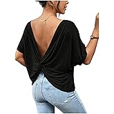 RoseSeek Women's Backless Twist Knot T Shirt Oversized Solid Short Sleeve Tees Open Back Asymmetrical Hem Casual Tops