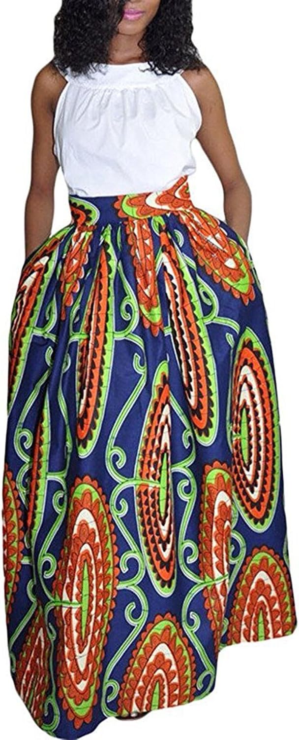 Womens African Print Maxi Dress High Waist A Line Long Skirts with Pockets