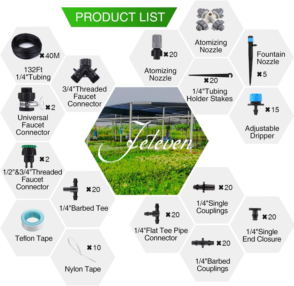 Jeteven 132ft/40m Drip Irrigation Kit Hydroponics Supplies System Drippers Tubing Accessories Tree Watering Automatic Plant Garden Hose Water Sprinkler, Set for Garden Greenhouse Flower Bed Patio Lawn: Home & Kitchen