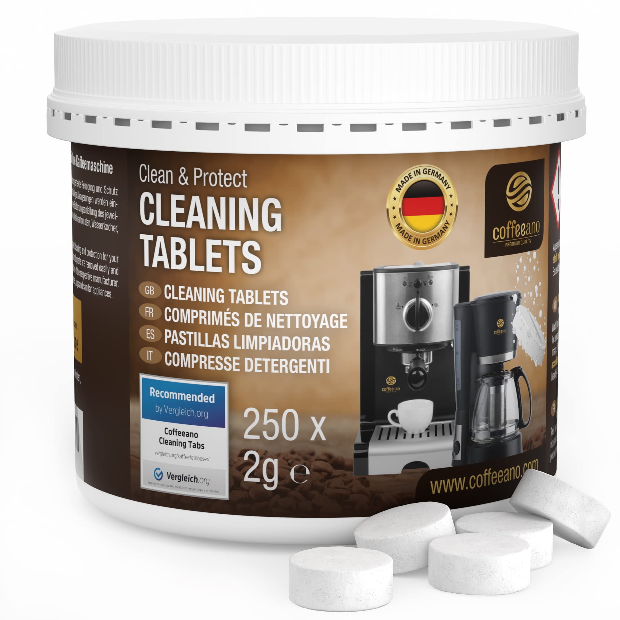 Coffeeano Clean&Protect 250 cleaning tablets for all coffee machines. Cleaning tabs compatible with all brands and machines. Incl. e-book