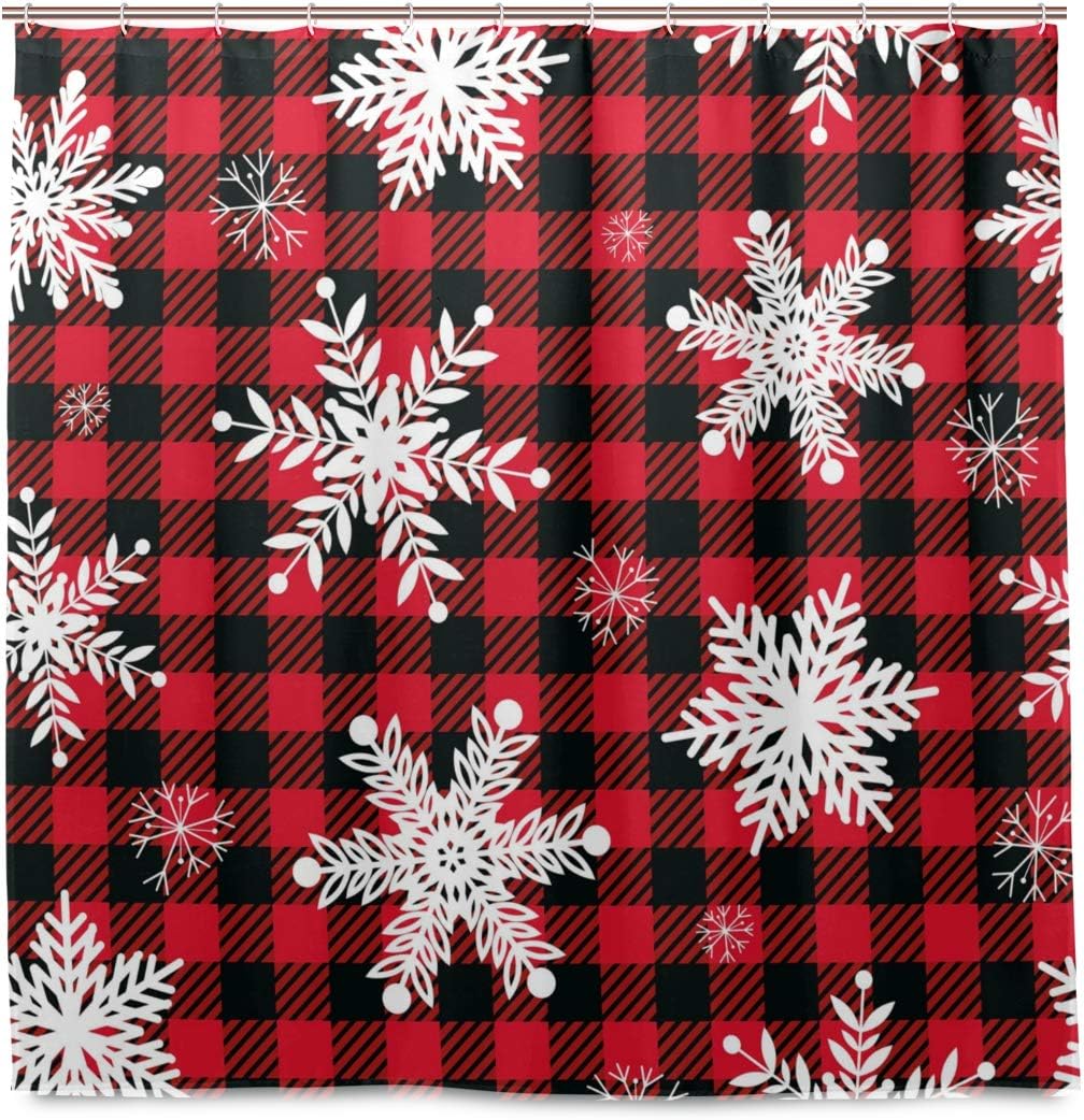 Yulife Winter Snowflakes Buffalo Plaid Shower Curtain 72X72 inch Christmas Xmas Winter Snow Bathroom Bath Curtain Waterproof Fabric Shower Drapes Curtain Set with 12 Hooks New Year Christmas Decor