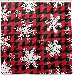 Yulife Winter Snowflakes Buffalo Plaid Shower Curtain 72X72 inch Christmas Xmas Winter Snow Bathroom Bath Curtain Waterproof Fabric Shower Drapes Curtain Set with 12 Hooks New Year Christmas Decor