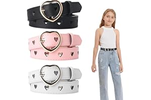 Girls Belt 3 Pack Adjustable PU Leather Heart Buckle Belt for Pants Skirts Dresses Fashion Waist Belt with Cutout Design Ligh