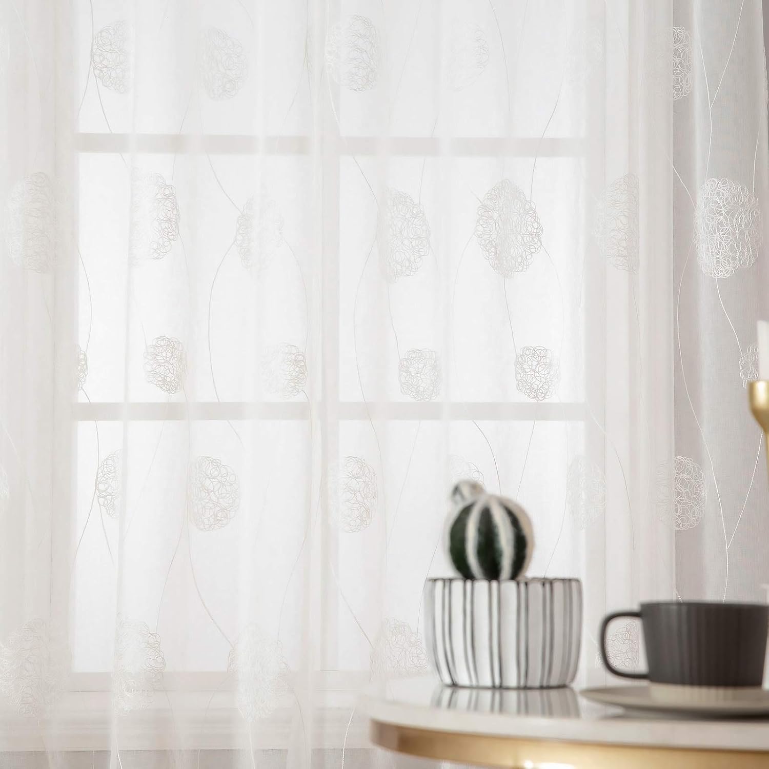 MIULEE Embroidery Sheer Curtains Decoration Flora Design Grommet Window Curtain Semi Voile Drapes with Eyelets Window Treatments for Living Room Bedroom 2 Panels 55" W x 88" L White - Image 3