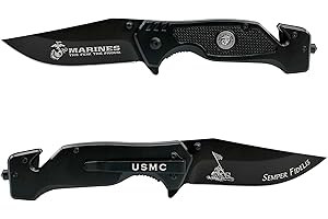 MILITARY GIFT SHOP USMC Tactical Black Folding Knife 3.5 Inch Blade-Hunting, Rescue Gift for Marines Disabled Vet Owned Business | USMC Knife Black