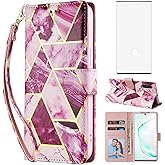 Compatible with Samsung Galaxy Note 10 Plus Glaxay Note10+ 5G Wallet Case Tempered Glass Screen Protector Card Holder Phone Cases for Gaxaly Note10 + Notes 10+ Ten Not S10 10Plus Women Men Purple