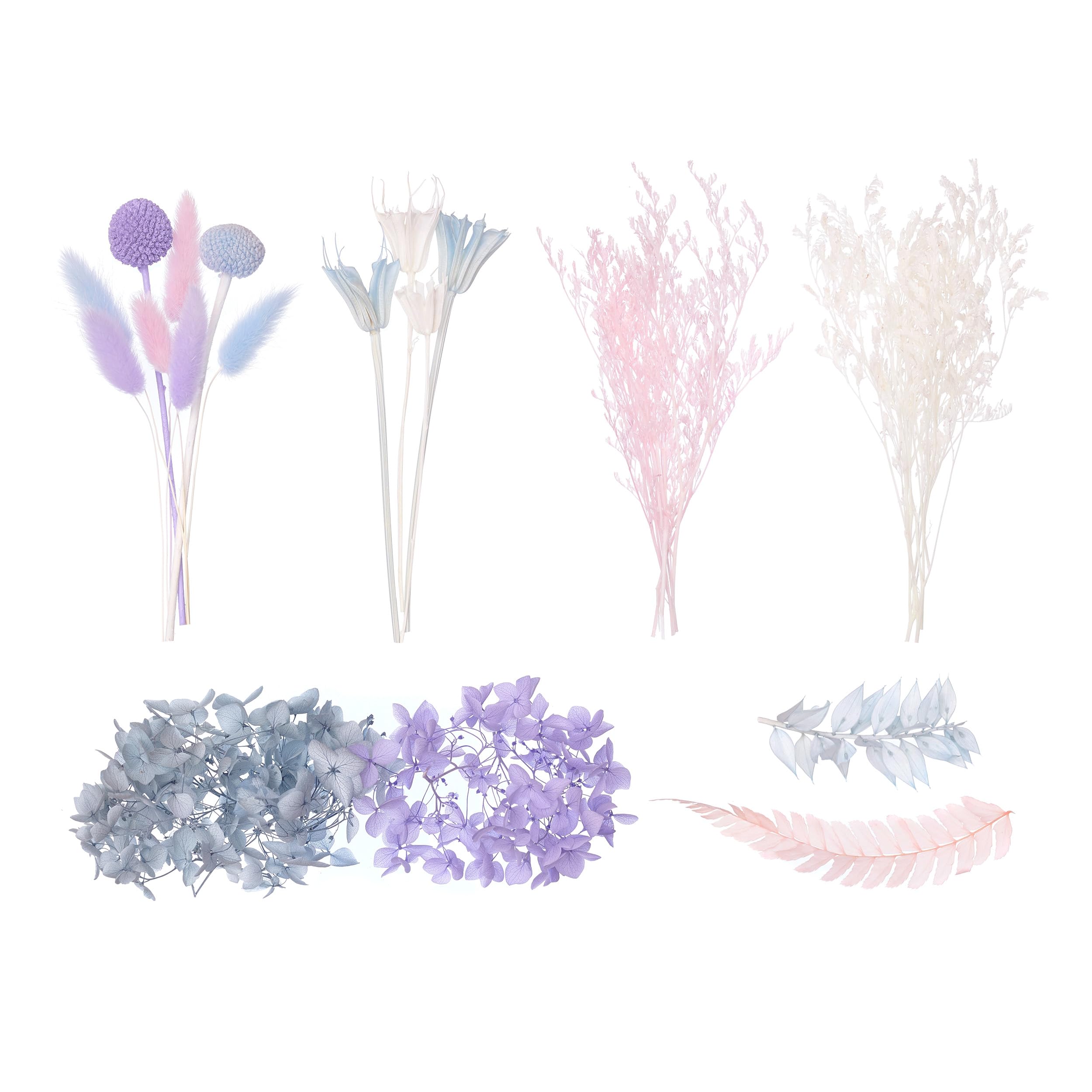The Baked Studio - Deluxe Dried Flower Set Containing Octagonal Flowers, Craspedia, Lagurus, Fern Leaf, Ruscus, Limonium & Hydrangea (Cool Blues, Lilac, Pink & White) — image 1