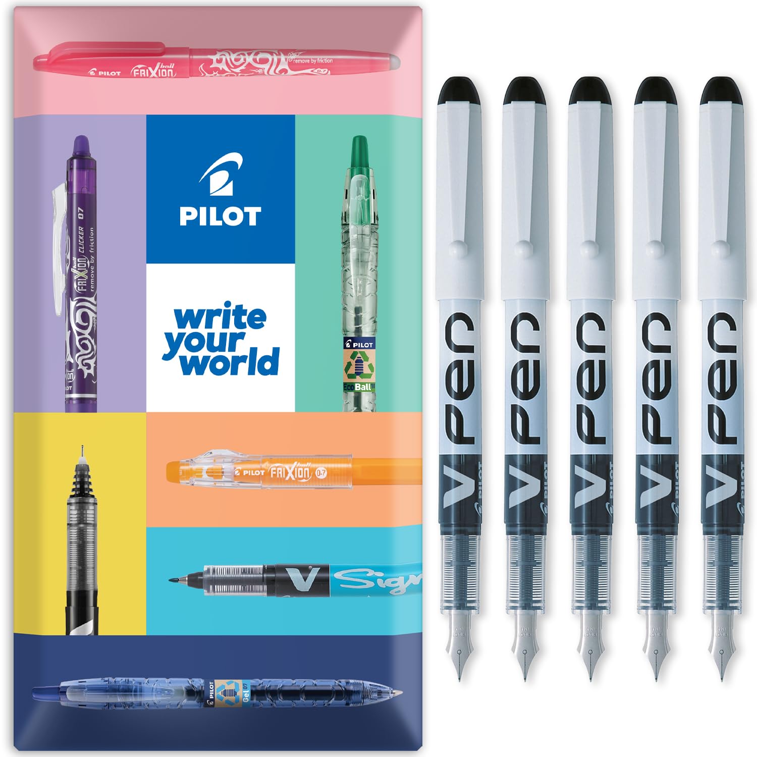 PILOT V PEN - Erasable Disposable Fountain Pen - 0.6mm Nib Tip - Medium Line - In Envelope Gift Packaging - Pack of 5 - Black Ink